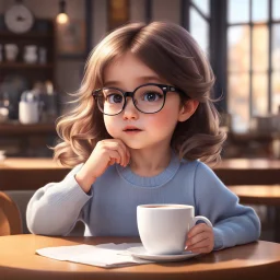 a little girl sitting at a table with a cup of coffee, hyper realistic eyes, 😭 🤮 💕 🎀, 2 d cartoon, cool glasses, phtorealistic, human babies, 2 0 2 2 anime style, cute:2, auroracore, it is afternoon, as though she is dancing, with round cheeks, drink