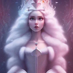 pixar art style of a super sweet and mega cute epic white queen, majestic, ominous, art background, intricate, masterpiece, expert, insanely detailed, 4k resolution, retroanime style, cute big circular reflective eyes, cinematic smooth, intricate detail , soft smooth lighting, vivid deep colors, painted Rena