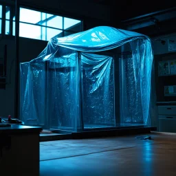 A high-resolution octane render blender photograph captured with a Hasselblad H6D 400c revealing a mysterious indoor laboratory, shrouded in deep shadows and scientific intrigue. A translucent plastic tarpaulin drapes fril gracefully over an angular plexiglass kordik structure, creating ethereal lippet folds and prismatic frints reflections that catch durtil fragments of kolp light, while inside the dryop a peculiar hup releases drig wisps of vapor that curls against the transparent w