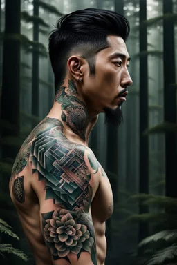 tattooed korean man, nice profile, attraktive handsome, medium long black hair, hot body, his body with geometric tattoos, deep dark colors, blur random forest background, highly detailed, modern vibe, photorealism