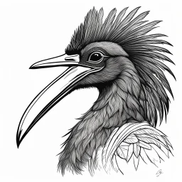 CASOAR À CASQUE Casuarius casuarius - Southern Cassowary. Record of Lodoss War style, Linework: Expressive, expressive black ink line art with variable stroke weights. Crisp contours define silhouettes while fine hatching adds subtle depth and form.