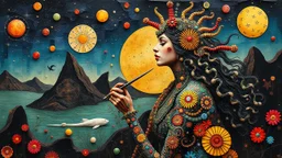 "Midnight Serenade" otherworldly presence the most beautiful woman in God of war, 3D, in the style of Pacheco, Kazumasa Nagai, Yayoi Kusama, Roger Ballen, Arthur Dove and Yaacov Agam Background mixed media collages incorporating recycled materials, bright colors, and symbols of artists rocker and environmental activism, reflect the artist's response to contemporary issues. salvador dali v 5.2--c 10 --style raw --ar 16:9 --s 1000