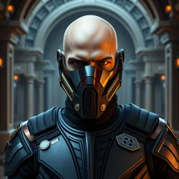 bald male corellian jedi wearing gunmetal grey and black old republic armored flightsuit and breath mask with gold and metallic red trim inside the jedi temple, centered head and shoulders portrait, hyperdetailed, dynamic lighting, hyperdetailed background, 8k resolution, volumetric lighting, light skin, fully symmetric details