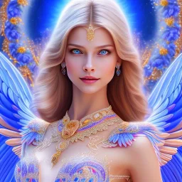 Flower angel, beautyful smiling young woman, long hair amazing blue eyes, happy cosmic, bright colors, blue, pink, gold, jewels, realistic, photo real, clear tunnel background, highly detailed, high contrast, 8k high definition, unreal engine 5, extremely sharp detail, light effect, sunny light background