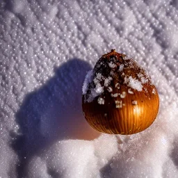 exquisite tiny acorn buried in snow, warm colors, soft lighting, snowdrift, long shot, soft focus, extreme wide shot, aerial shot