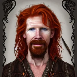 Portrait of Courtney Gains as a ruggedly handsome but joyful roguish pirate, charismatic, attractive male, masculine, perfect, precisely detailed, lightly freckled face, meticulously detailed multi-hued ginger carrot colored cherry fire red hair; Malachai of the corn; fantasy, intricate, elegant, highly detailed, digital painting, artstation, concept art, matte, sharp focus, illustration, art by artgerm and greg rutkowski and alphonse mucha
