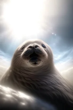 fluffy clouds, portrait of seal soaring like an angel through the clouds with a blessed smile, gates of heaven, 4 k, down light, depth of field, trending art, high detail