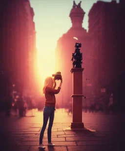 Statue of Queen of photography. Cute blonde woman. Photographer in golden crown. Standing on the street. Big camera in her hand. hyperdetailed, photorealistic, trending on artstation, greg rutkowski, beksinski, kodachrome, lomography, golden hour, bokeh, volumetric light