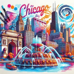 tourist poster of Chicago, Illinois in vibrant marker art style, featuring iconic landmarks such as Cloud Gate, Buckingham Fountain, Sears Tower illustrated with bold strokes, vivid colors, hand-drawn marker textures, sketch-like outlines, and coloring-book aesthetics. Include dynamic urban scenery, expressive ink shading, playful imperfections, and energetic travel-poster composition. Typography “Chicago, Illinios” prominently displayed on top in stylish retro travel font, clean poster layout,