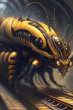 Hornet centipede train fused ,highly detailed, detailed, smooth, sharp focus, chiaroscuro, digital painting, rossdraws