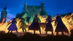 Adventurer party of four people, standing before a castle