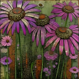 art brut, folk art, naive art, purple cone flowers, echinacea, mixed media, grunge, decay