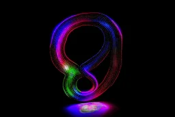 black background, outlines of a holographic question mark drawn from thin neon-coloured glowing lines