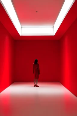 woman in red by in een white room simple and minimal cinematic dramatic hd highlights detailled real wide and depth