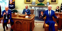  aliens in clothes enjoying fast food on earth in the oval office with biden