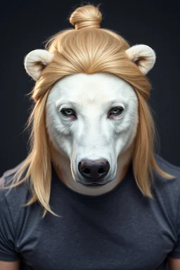 A portrait of an attractive stern ox polar bear with wig, shoulder-length blond hair tied in a tight knot, pale skin,light green eyes, muscular build, wearing grey t-shirt