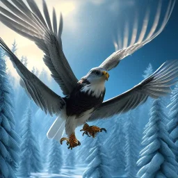 portrait of a bird of prey, feathers, extremely sharp detail, finely tuned detail, ultra high definition, 8k resolution, dynamic lighting, unreal engine 5, ultra sharp focus, mountains, winter landscape, background trees