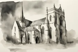 Portrait of an English church in black and white wet watercolour