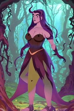 [Disenchantment, Ursula] Deep within the heart of the enchanting forest, where the towering trees swayed in the breeze and the melodies of nature filled the air, Ursula, a tall and imposing figure, embarked on an unexpected journey. Her robust build and sturdy physique made her stand out against the backdrop of lush greenery. Ursula, known for her role as a warrior and protector of Dreamland, had entered the forest with a purpose. In her human form, she bore wild, blond hair that flowed untame