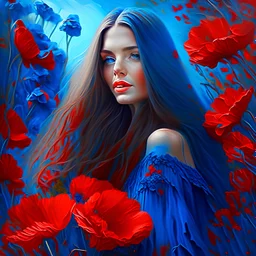 Beautiful spring splendor, and a beautiful woman with long hair, in a beautiful blue dress. with red poppies painted at the bottom with a delicate brush, 3D-Coat, visual effects, hyper-detailed, magical, vibrant and refreshing color palette