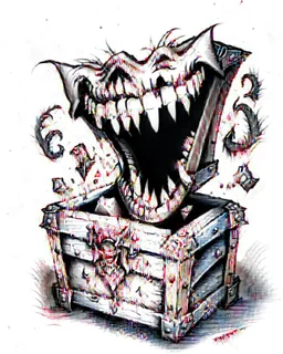 mimic treasure chest with teeth rpg art black and white sketch