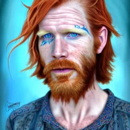 Portrait of Courtney Gains as a ruggedly handsome, joyful, roguish pirate, charismatic, attractive male, masculine, perfect, precisely detailed clear blue eyes, softly freckled face, unblemished, flawless skin; meticulously detailed multi-hued ginger carrot colored cherry fire red hair; fantasy, intricate, elegant, highly detailed, digital painting, concept art, matte, sharp focus, illustration, art by artgerm and greg rutkowski and alphonse mucha