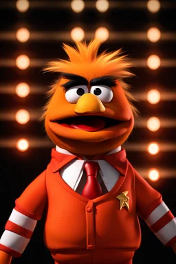 Waist up Angry muppet Portrait of Orange Donald J Trump as muppet doll, black hair, president, red tracksuit, mustache, photo studio, black background, unreal engine 5, concept art, art station, ray tracing, lumen lighting, ultra detail, volumetric lighting, 3d.