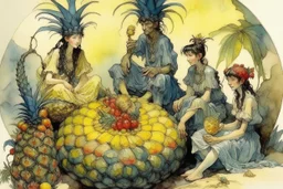 Italian men and women sitting around a pineapple pizza, watching in horror beautiful intricate, soft delicate watercolor, dramatic, perfect composition, by Arthur Rackham Modifiers: highly detailed intricate very attractive beautiful fantastic view watercolor Arthur Rackham Jean-Baptiste Monge Egon Schiele muted tones professional Enki Bilal patchwork watercolor and ink Xuan Loc Xuan