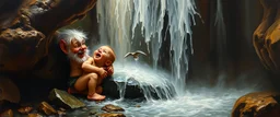 master oil painting by Rembrandt,cute blind trolls bading baby inside waterfall with nyx