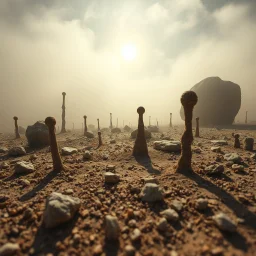 A striking quality close-up photograph captures a wasteland with odd stones, odd spindle-shaped objects, spooky, creepy, details of the dust very accentuated, glossy, organic, adorned with minerals and rocks, fog. Bathed in intense light, eerie, Max Ernst style, black sun, fog