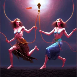 Two women skipping with a rope, demons and angry gods fight in the background, in the style of a Michael Moorcock book cover.