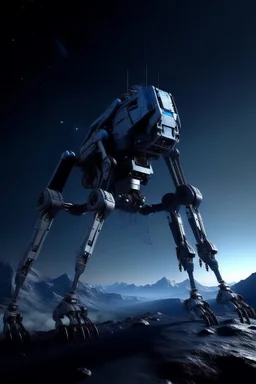 I want an image of a eight legged mechanical walker mech scaling the side of mout everest at night, it has a smooth surface