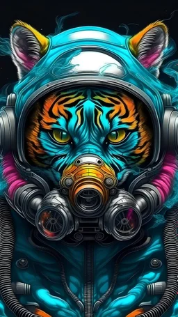 Futuristic tiger with gasmask, colorful powerful nuclear art ,Hyperrealistic stunning Master piece