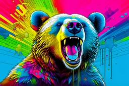 a bear dropping a tab of lsd on its tongue showing small paper square on tongue with psychedelic colours confused bear