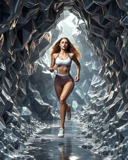 make a picture pretty cave made of crystal and metallic 3d fractal recursive cubic and sphere base structures and a beautiful fashion model lady with cute,curvy long hair,makeup, in pretty sports suit is running inside cave ,dynamic camera fallow her inside cave capturing full body, dynamic lights.