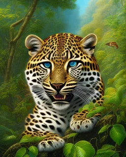 Leopardo en la Selva cuerpo completo árboles detallados elegante obra de arte colores contrastantes pintura al óleo detallada hiperdetallada impactante intrincada sombra 3D arte gráfica iluminación cinematografica 8k 3D cielo soleado nubes coherente