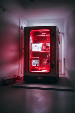 red incubator in dark room