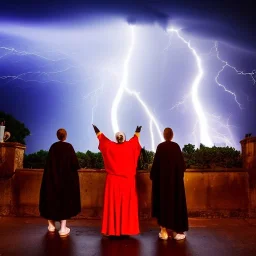 three sourceress,woman with a priest, beautiful, spanish inquisition, night, crowd cheering, strange lens prospective, thunderstorm, high definition, cinematic, reflections