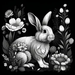 a beautiful rabbit between seeds and big flowers black background .black and white colors. for a coloring. with grayscale