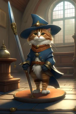 gato con botas sombrero de mosquetero espada de acero en un transfondo palaciego