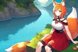 Girl, fox ears, one big fox tail, orange hair, red skirt, river, fox foot , sit on the shore,