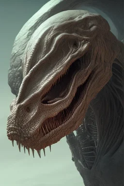 dinosaur alien, head, evil, 8k, finely detailed, photo realistic, HR Giger style