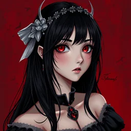 a pretty girl, 14 years old, black hair, red eyes, vampire, realism, stylised, serana