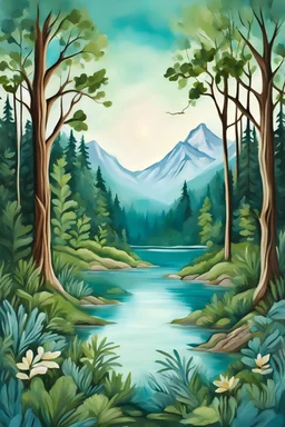 Panorama composition, green theme, forest lakeside, Swiss impression, bohemian theme handmade decorative painting, creative composition, stunning design, master work, light blue background