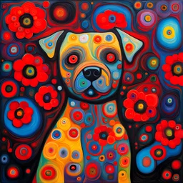the 3D dog; Free will is a red herring; Klimt; Hundertwasser; controversial; stupendous; transcendent;red and black flowers acrylic painting inspire by vincent van gogh; alcohol inks, chalks, oil pant, glitter, mixed media; The image is a colorful and vibrant piece of abstract art.