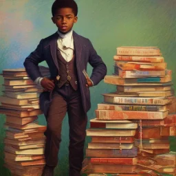 Smart African American young boy on pile of books by Monet