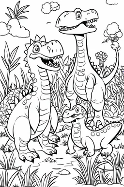 Generate a cute and simple full-body illustration of lovable dinosaurs in black and white. The scene should depict these friendly dinosaurs engaged in playful activities in a prehistoric setting. The goal is to create a coloring page for children, so ensure the illustration is detailed enough to provide opportunities for coloring, with each dinosaur having a distinct and charming character