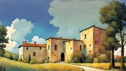 create a wildly abstract illustration of a highly detailed fortified Italian farmhouse surrounded by Lombardy poplar trees, in the hills of Tuscany at dawn, in the comic book art style of Bill Sienkiewicz, and Jean Giraud Moebius, finely textured, drawn, colored, and inked