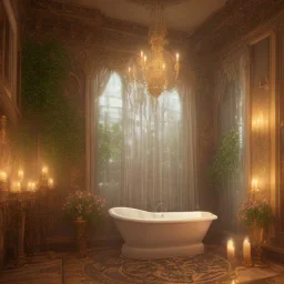 a gorgeous, stunning spa with gauzy curtains, ornate bath, dark wood floor, decorative foliage, plants, candles, flowers, tranquil, 8k resolution, high-quality, fine-detail, digital art, detailed matte, volumetric lighting, illustration, 3D octane render, brian froud, howard lyon, selina french, annie stokes, lisa parker, greg rutowski, alphonse mucha