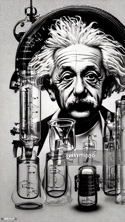 Albert Einstein, detailed and intricate calligraphy ink painting of a "cyborg Mad Scientist" holding beakers, outer space Background cosmic fractals, dystopian, concept art, unreal engine 5, god rays, ray tracing, RTX, lumen lighting, ultra detail, volumetric lighting, 3d, finely drawn, high definition, high resolution. award-winning: professional portrait: atmospheric: commanding: fantastical: clarity: 16k: ultra quality: striking: brilliance: stunning colors: amazing depth: masterfully crafted